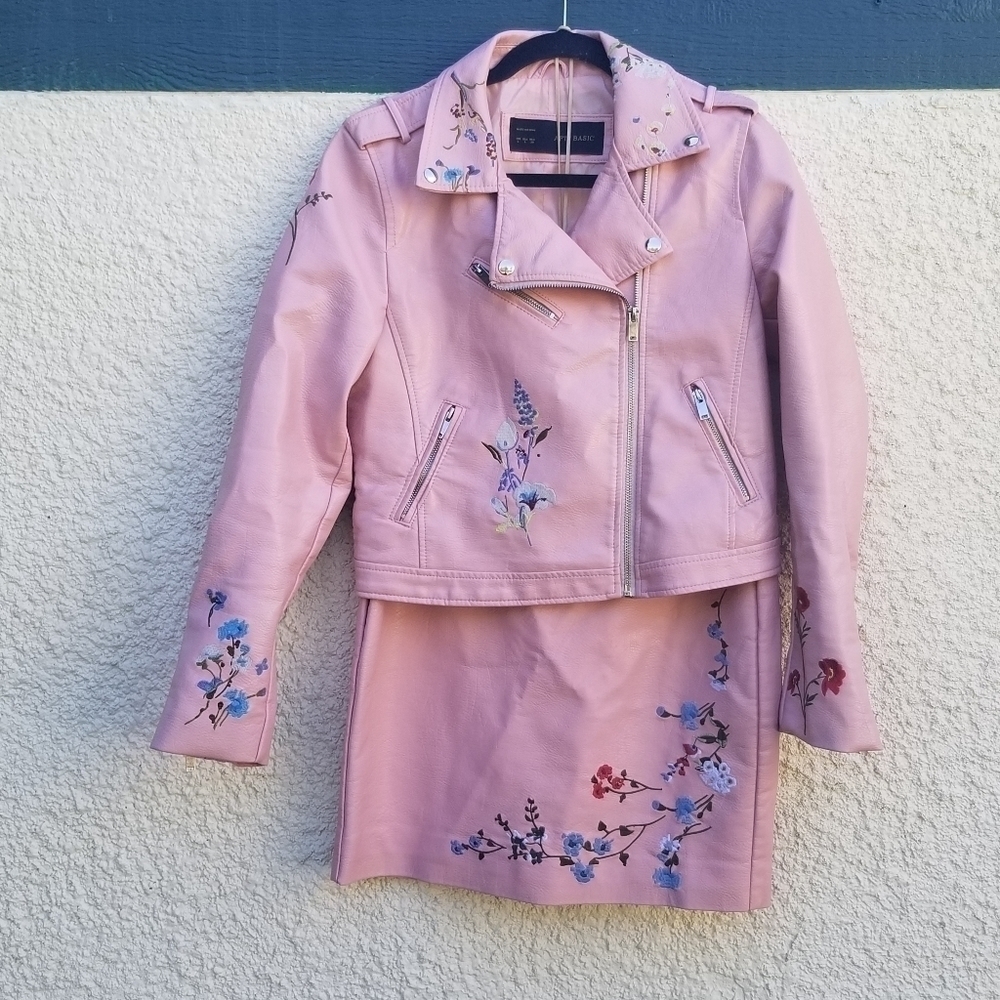 AFTF Basics pink faux leather floral embroidered skirt and moto jacket set large